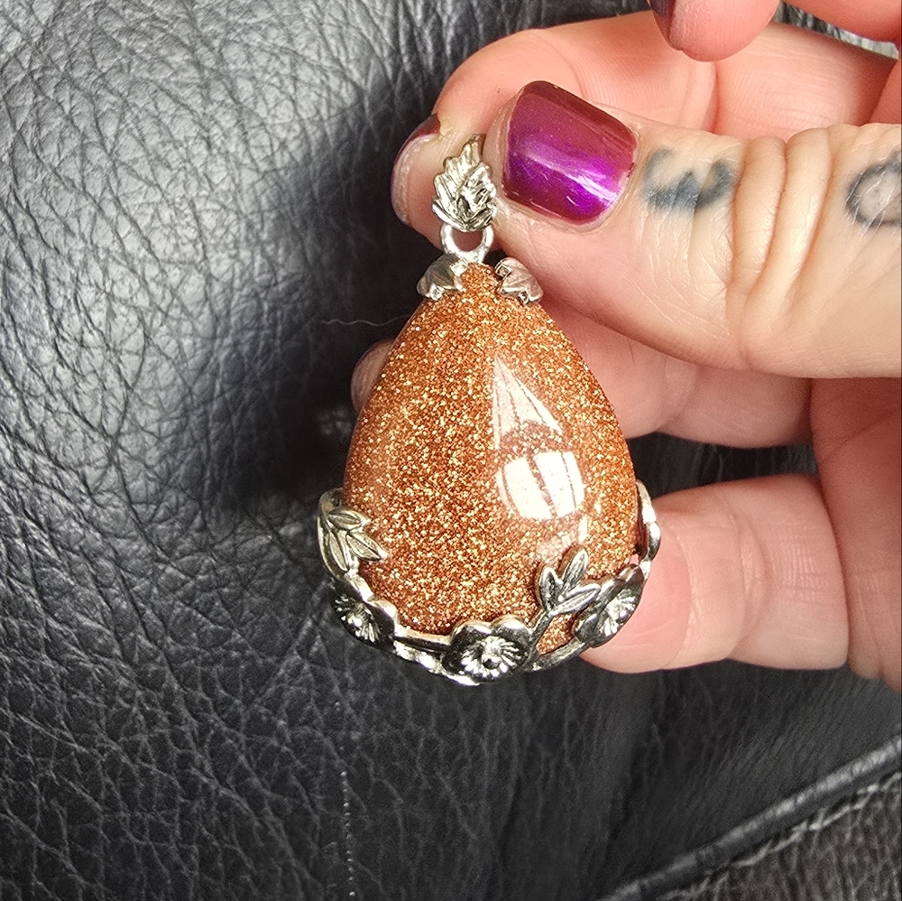 Sterling Silver Goldstone Teardrop and Rose Pendant